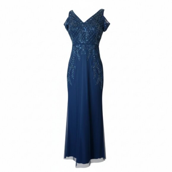 Adrianna Papell Navy Beaded Cold Shoulder Gown V-Neck Formal Evening Dress 12P - Picture 4 of 15